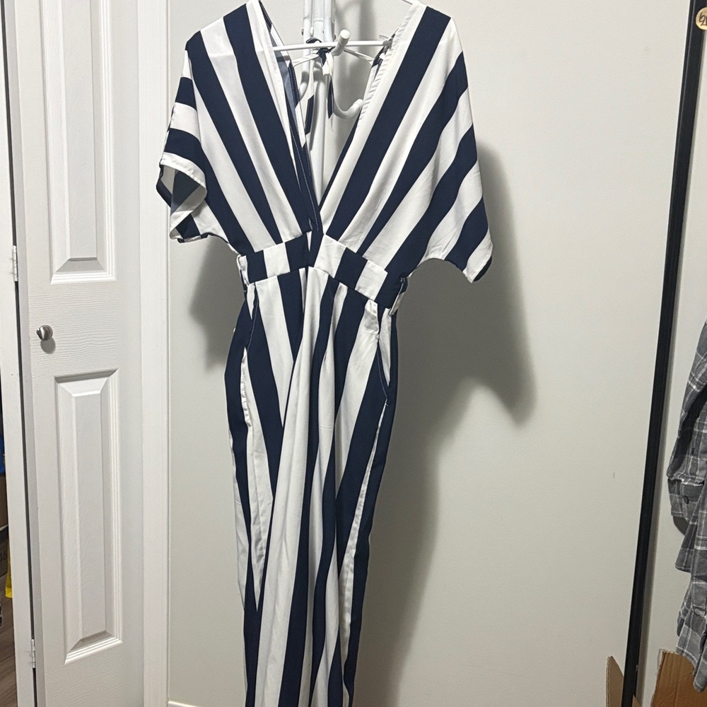 Navy and White Striped Jumpsuit